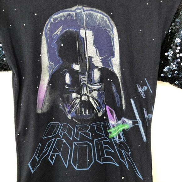 Star Wars Darth Vader Navy Blue Graphic T-Shirt with Sequin Sleeves Size Small - Picture 2 of 5